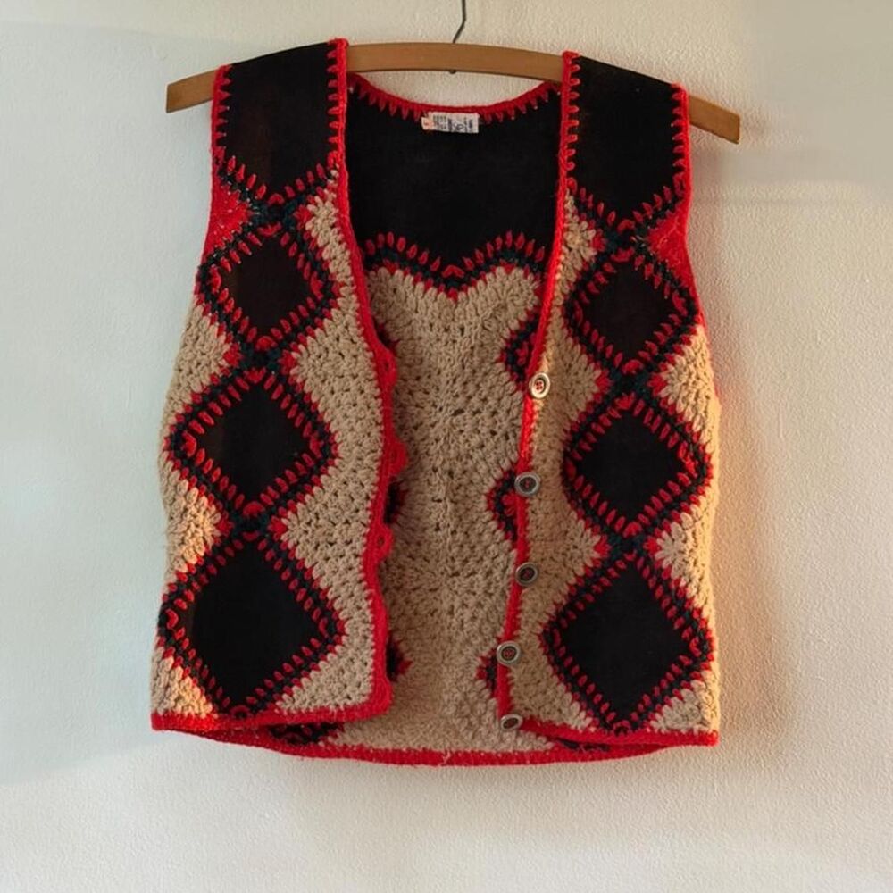 Vintage 1970s leather crochet folk vest